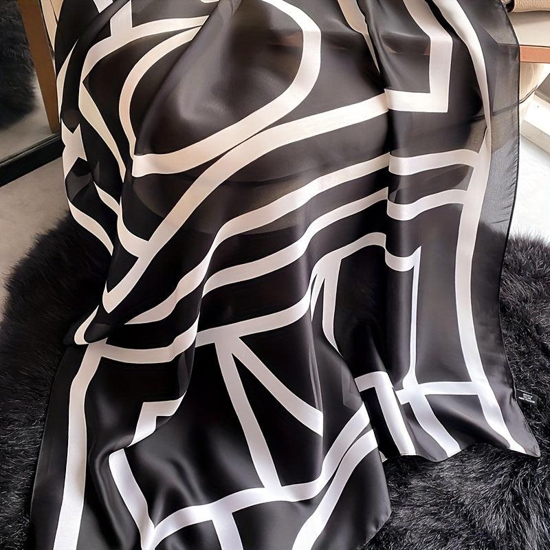 Geometric Stripe Print Scarf Large Satin Shawl Silk Windproof Head Wrap