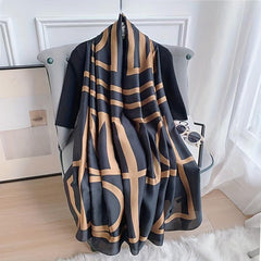 Geometric Stripe Print Scarf Large Satin Shawl Silk Windproof Head Wrap