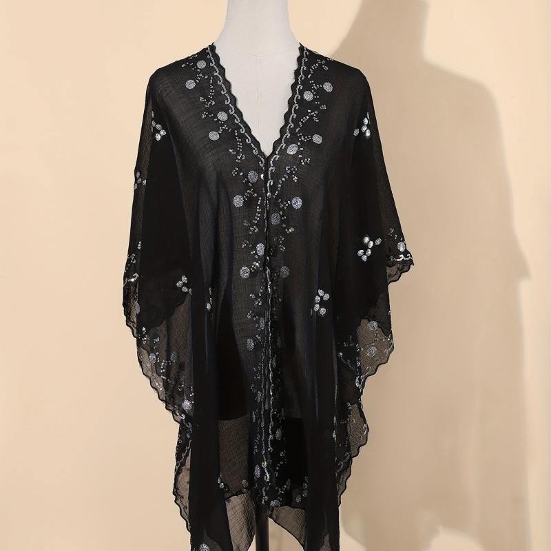 Sequin Chiffon Shawl Vintage Thin Long Wrap Sunscreen Cap