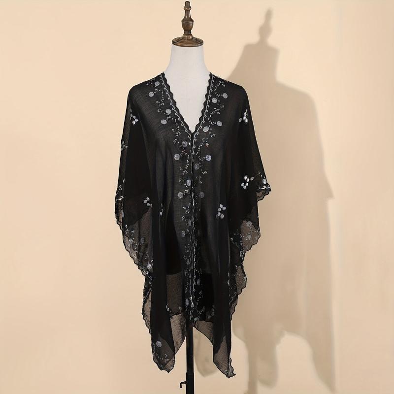 Sequin Chiffon Shawl Vintage Thin Long Wrap Sunscreen Cap