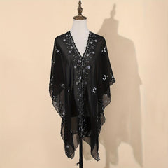 Sequin Chiffon Shawl Vintage Thin Long Wrap Sunscreen Cap