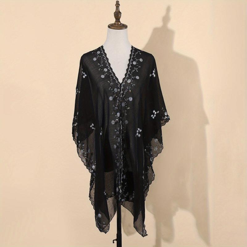 Sequin Chiffon Shawl Vintage Thin Long Wrap Sunscreen Cap