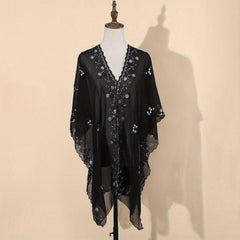 Sequin Chiffon Shawl Vintage Thin Long Wrap Sunscreen Cap
