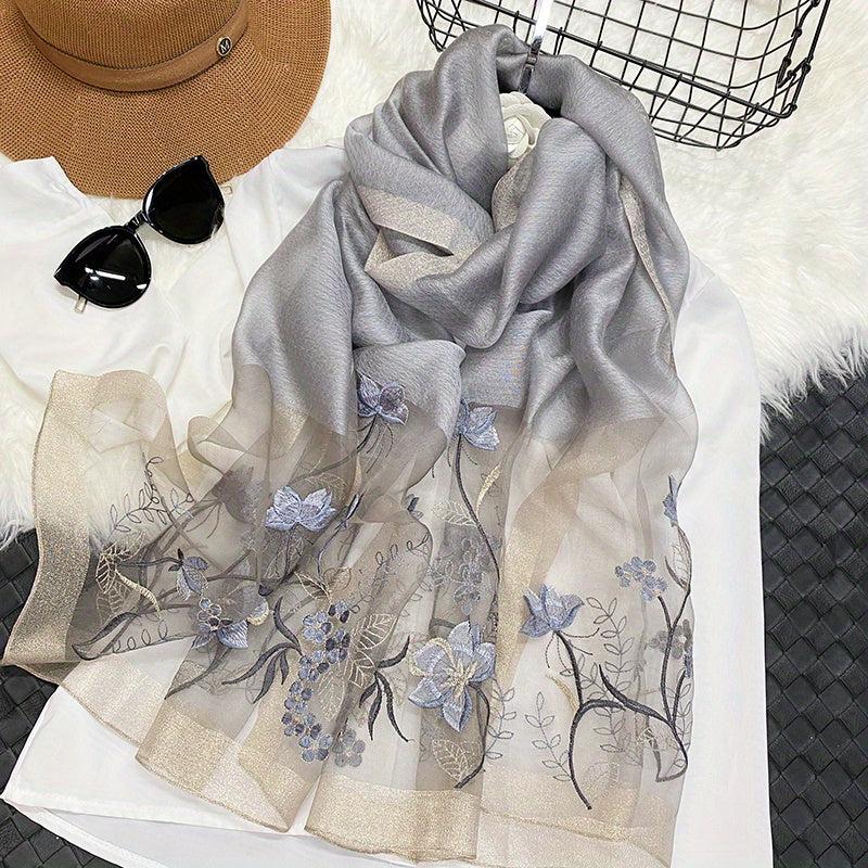 Silk Blend Scarf Flower Embroidery Shawl Breathable Windproof
