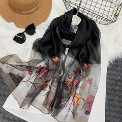 Silk Blend Scarf Flower Embroidery Shawl Breathable Windproof