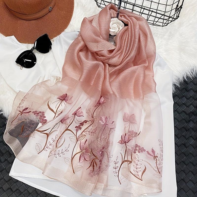 Silk Blend Scarf Flower Embroidery Shawl Breathable Windproof