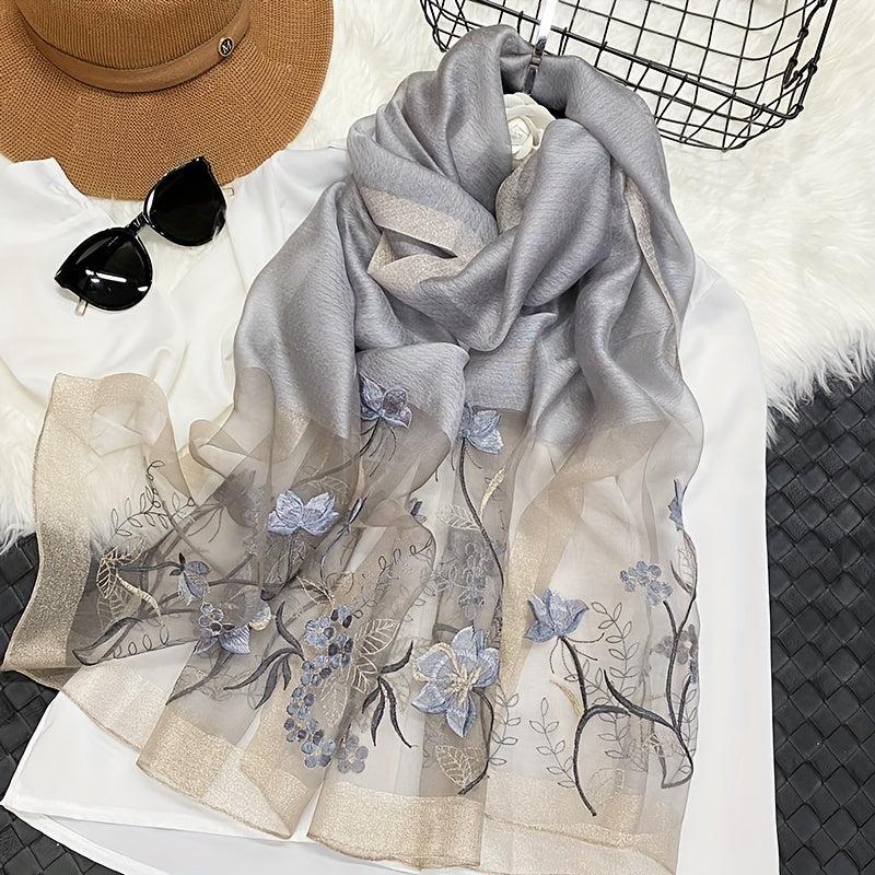 Silk Blend Scarf Flower Embroidery Shawl Breathable Windproof