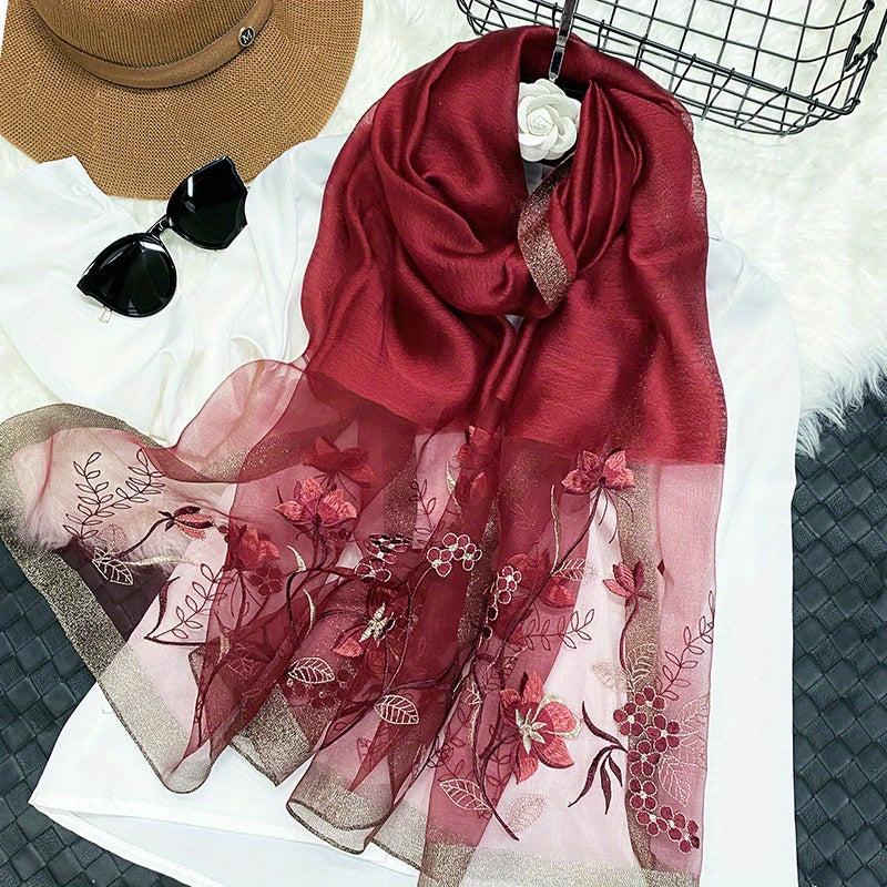 Silk Blend Scarf Flower Embroidery Shawl Breathable Windproof