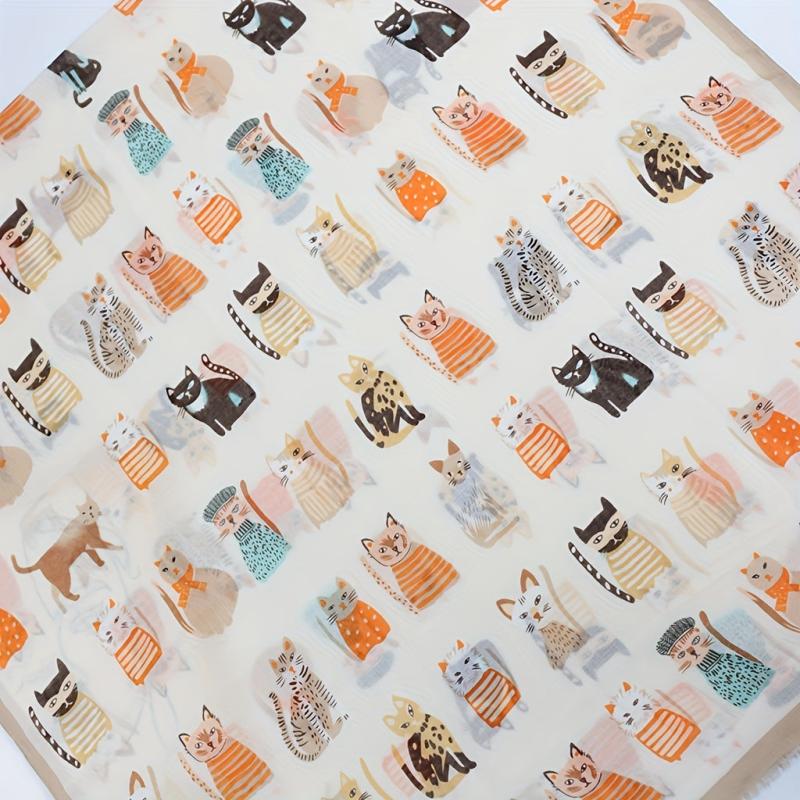 Kitty Printed Scarf Frayed Edge Cartoon Pattern Shawl