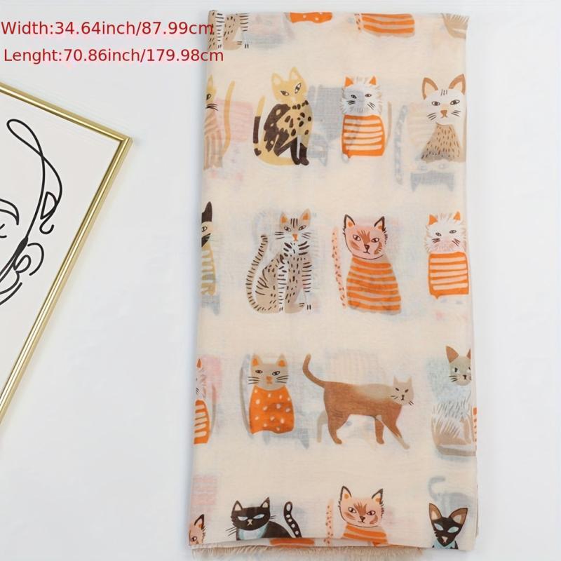 Kitty Printed Scarf Frayed Edge Cartoon Pattern Shawl