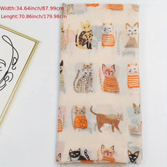 Kitty Printed Scarf Frayed Edge Cartoon Pattern Shawl