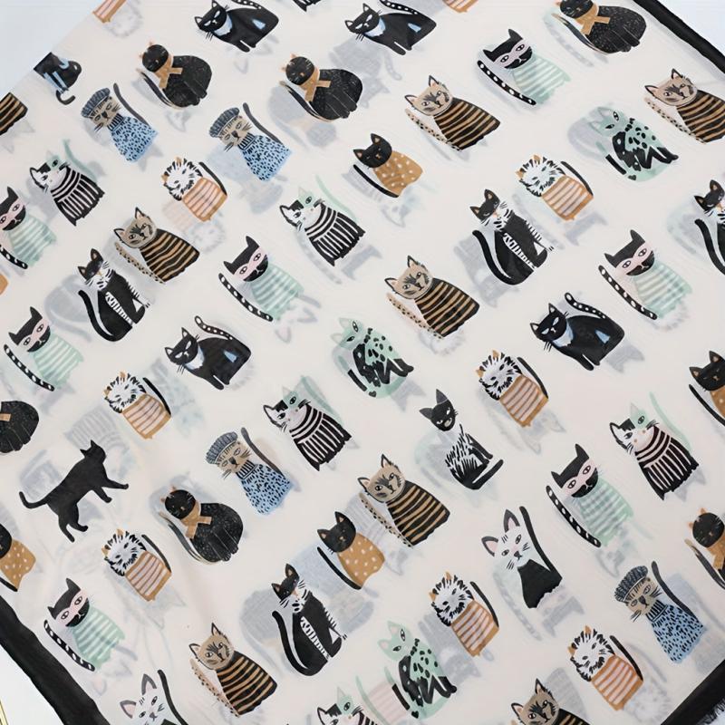 Kitty Printed Scarf Frayed Edge Cartoon Pattern Shawl