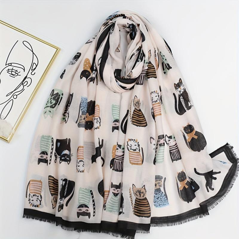 Kitty Printed Scarf Frayed Edge Cartoon Pattern Shawl