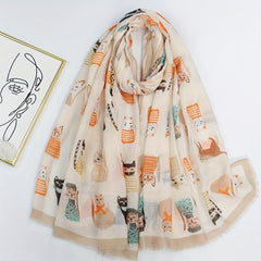 Kitty Printed Scarf Frayed Edge Cartoon Pattern Shawl