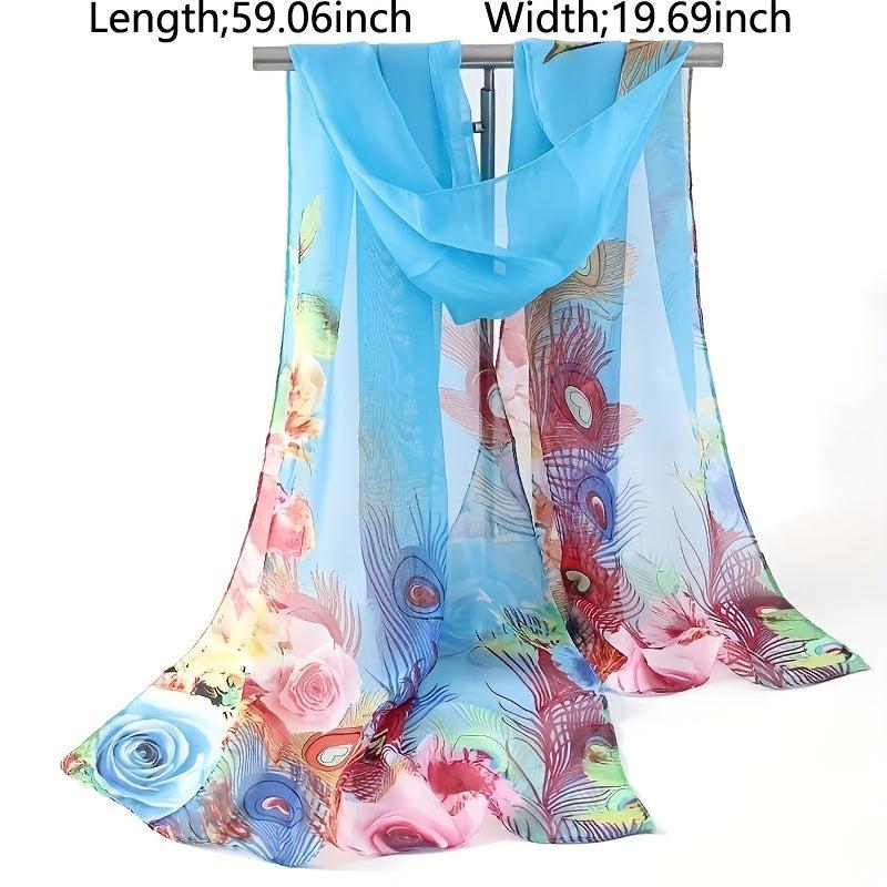 Colorful Peacock Print Thin Scarf Chiffon Sunscreen Shawl Women Outdoor Travel