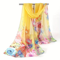 Colorful Peacock Print Thin Scarf Chiffon Sunscreen Shawl Women Outdoor Travel