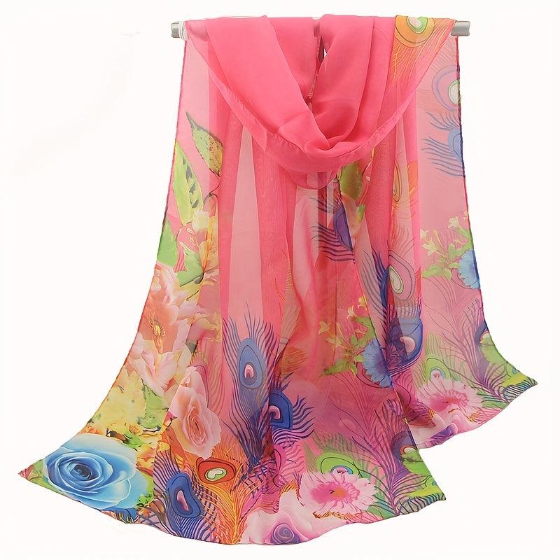 Colorful Peacock Print Thin Scarf Chiffon Sunscreen Shawl Women Outdoor Travel
