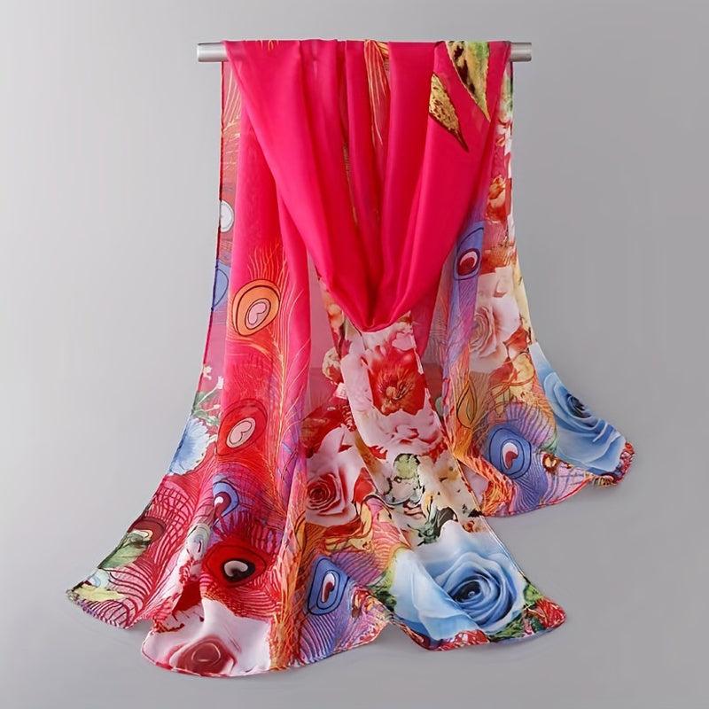 Colorful Peacock Print Thin Scarf Chiffon Sunscreen Shawl Women Outdoor Travel