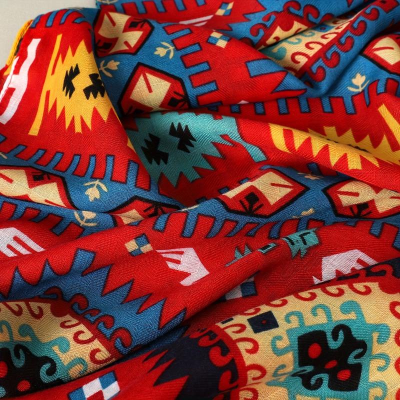 Red Geometric Print Tassel Scarf Bohemian Warm Shawl Windproof Head Wraps