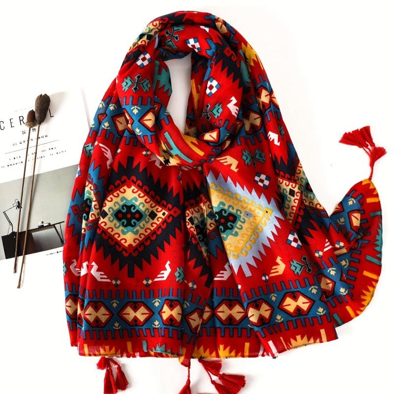 Red Geometric Print Tassel Scarf Bohemian Warm Shawl Windproof Head Wraps