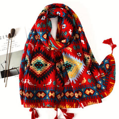 Red Geometric Print Tassel Scarf Bohemian Warm Shawl Windproof Head Wraps