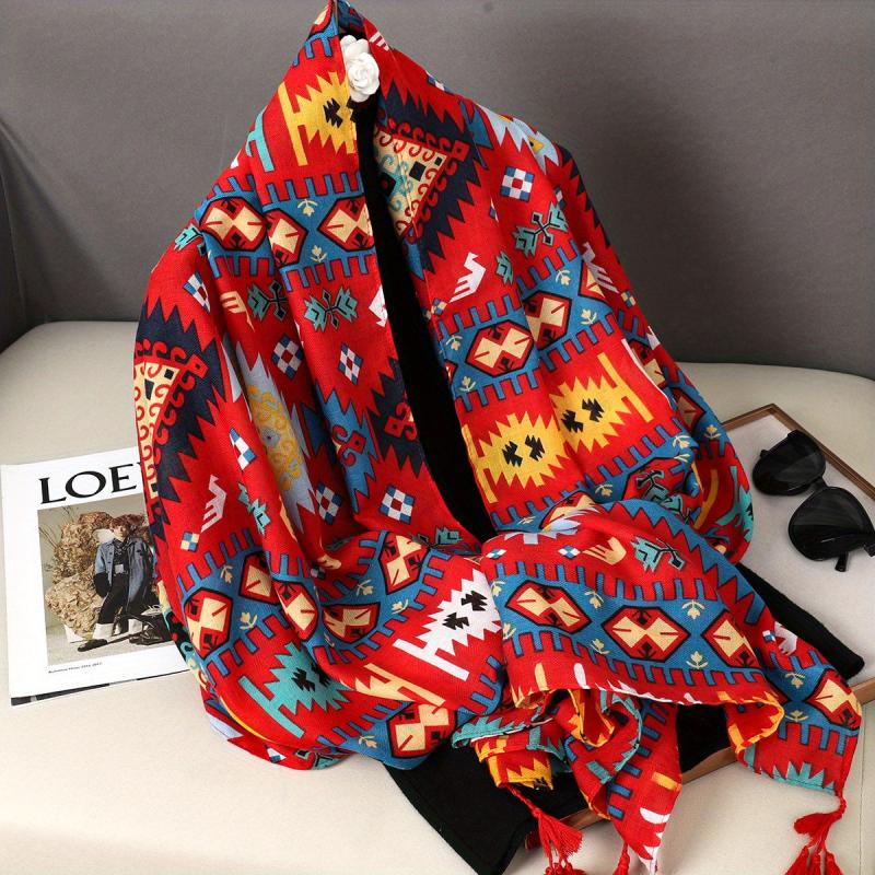 Red Geometric Print Tassel Scarf Bohemian Warm Shawl Windproof Head Wraps