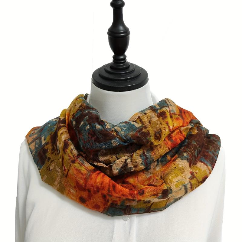 Boho Brown Warm Scarf Graffiti Print Vintage Block Shawl