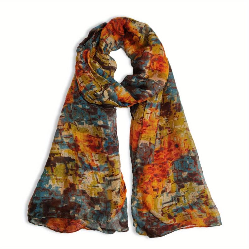 Boho Brown Warm Scarf Graffiti Print Vintage Block Shawl