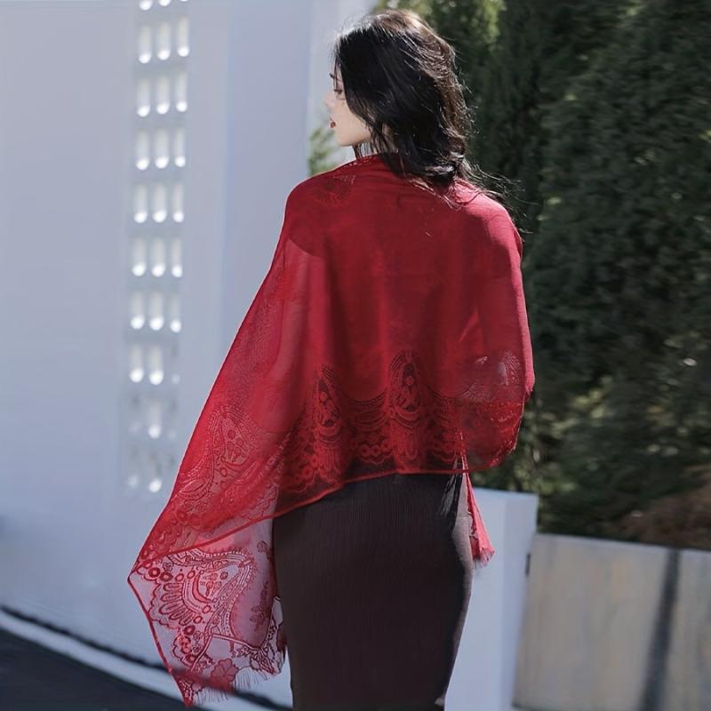 Large Jacquard Flower Lace Shawl - Elegant Hollow Cape for Party or Wedding