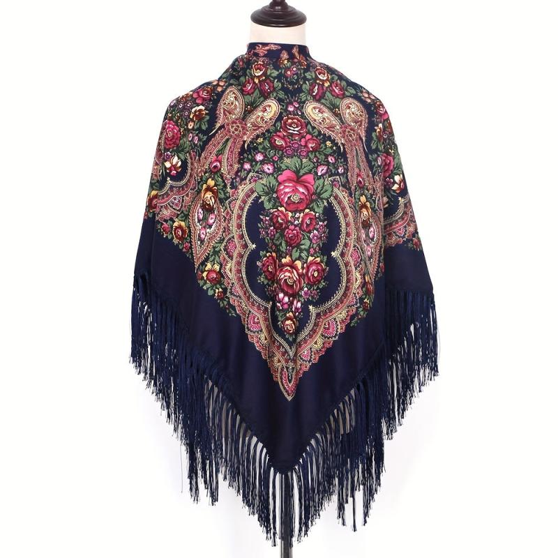 Vintage Flower Print Tassel Shawl Boho Square Scarf Wrap with Fringes