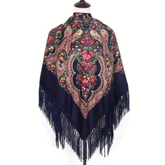 Vintage Flower Print Tassel Shawl Boho Square Scarf Wrap with Fringes