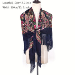 Vintage Flower Print Tassel Shawl Boho Square Scarf Wrap with Fringes