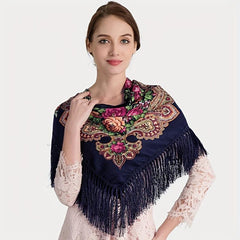 Vintage Flower Print Tassel Shawl Boho Square Scarf Wrap with Fringes