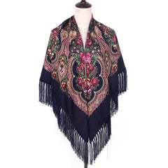 Vintage Flower Print Tassel Shawl Boho Square Scarf Wrap with Fringes