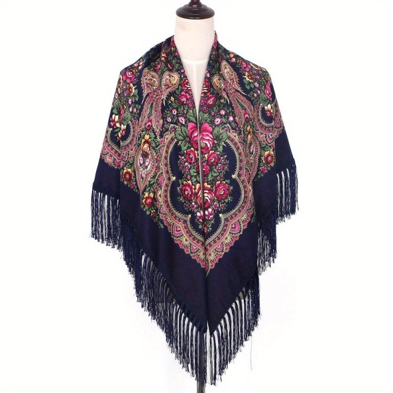 Vintage Flower Print Tassel Shawl Boho Square Scarf Wrap with Fringes