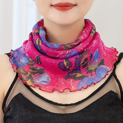 Flower Print Scarf Rose Red Ruffles Thin Breathable Gauze Neck Gaiter