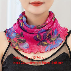 Flower Print Scarf Rose Red Ruffles Thin Breathable Gauze Neck Gaiter