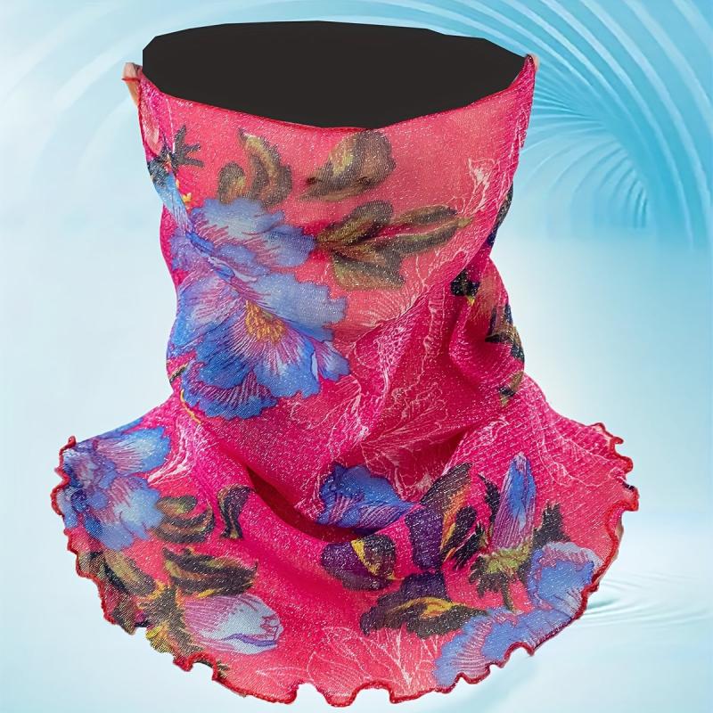 Flower Print Scarf Rose Red Ruffles Thin Breathable Gauze Neck Gaiter