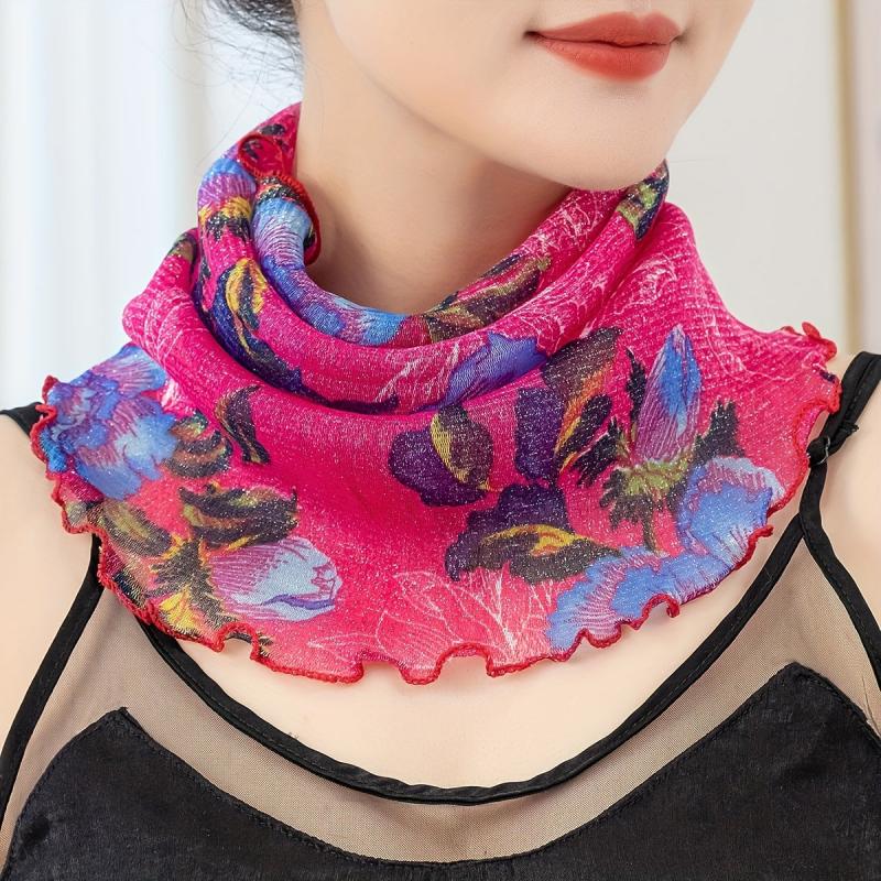 Flower Print Scarf Rose Red Ruffles Thin Breathable Gauze Neck Gaiter