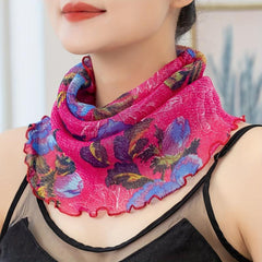 Flower Print Scarf Rose Red Ruffles Thin Breathable Gauze Neck Gaiter