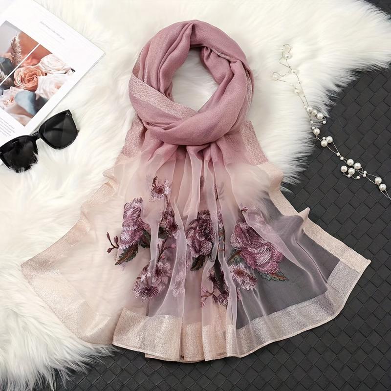 Vintage Flower Embroidery Scarf Silk Blend Shawl Head Wrap