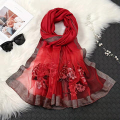 Vintage Flower Embroidery Scarf Silk Blend Shawl Head Wrap