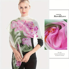 Lotus Print Georgette Scarf Vintage Classic Shawl Windproof Head Wrap