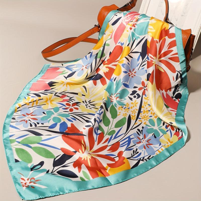 Flower Print Silk Shawl Bandana Head Wrap Neckerchief