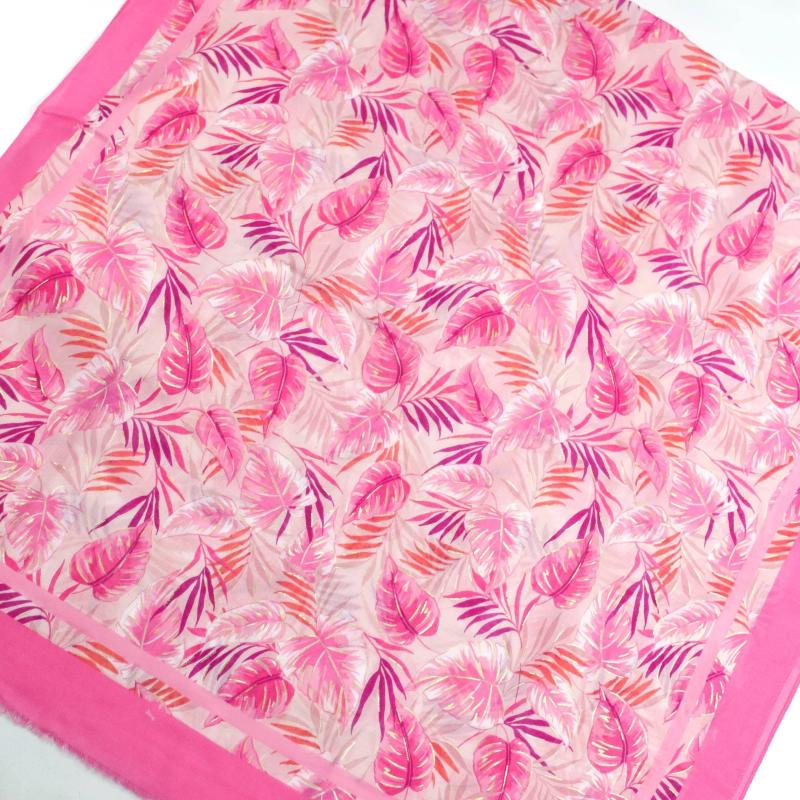 Leaf Print Raw Trim Scarf Shawl - Head Wrap Casual Decoration Gift
