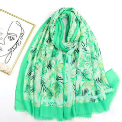 Leaf Print Raw Trim Scarf Shawl - Head Wrap Casual Decoration Gift