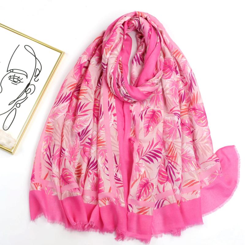 Leaf Print Raw Trim Scarf Shawl - Head Wrap Casual Decoration Gift