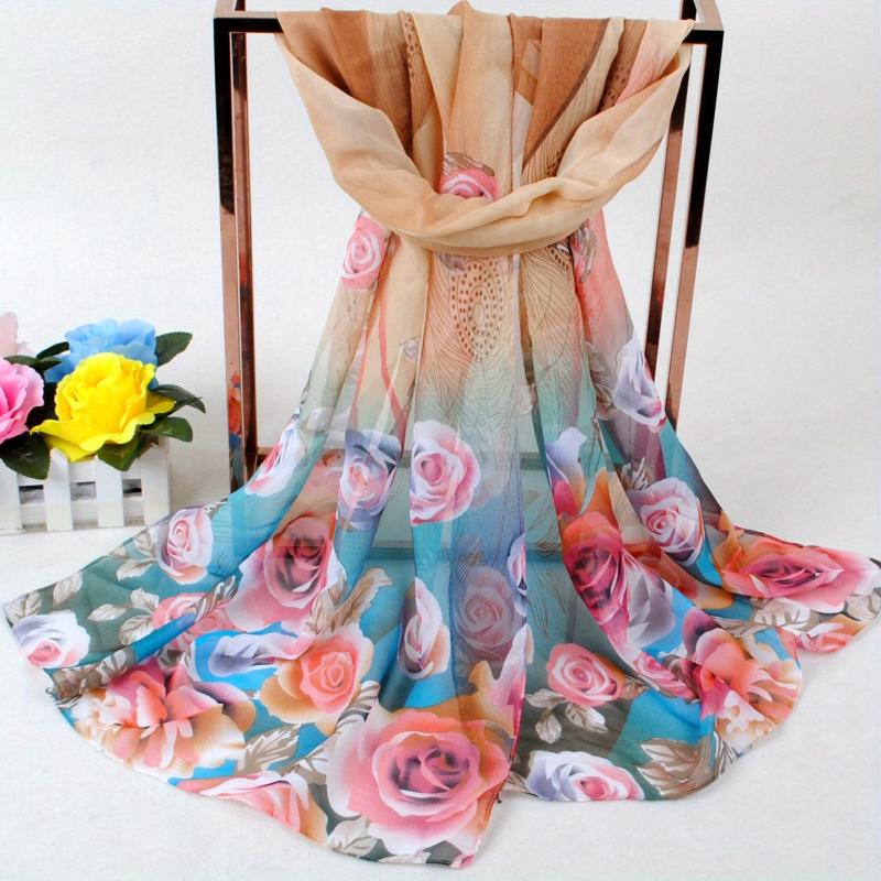 Peacock Feather Rose Print Chiffon Hijab Scarf