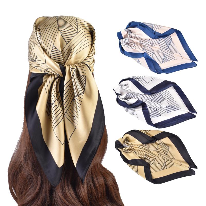 Geometric Stripe Print Bandana Square Scarf Woman Satin Shawl