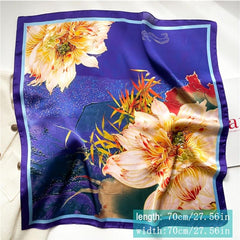 Chinese Style Print Silk Scarf - Lotus Pattern Square Scarf for Women